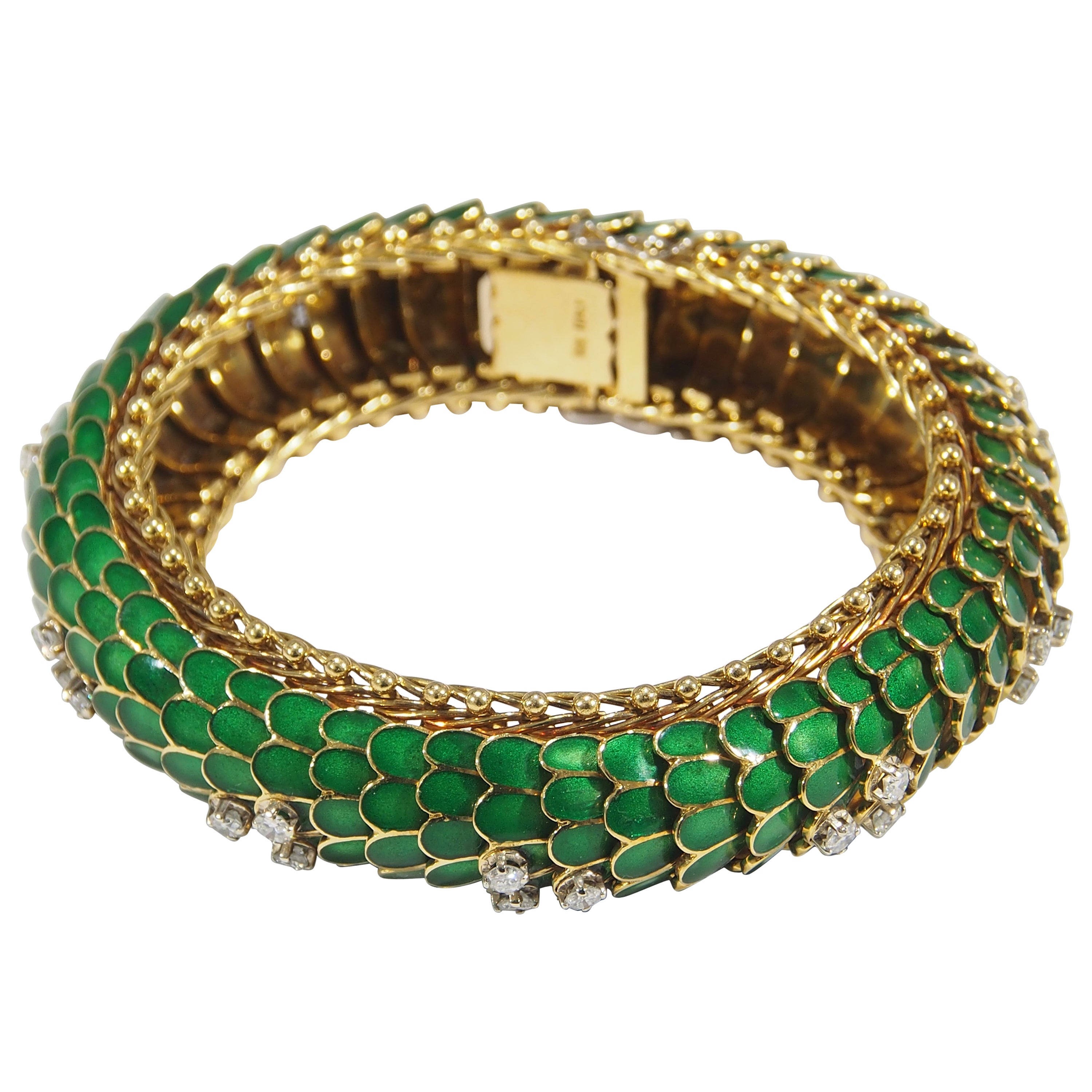 18 Karat Yellow Gold Diamond, Green and Blue Enamel Snake Bracelet For