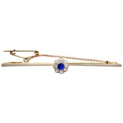 Antique 1910s Sapphire and Diamond Cluster Yellow Gold Bar Brooch