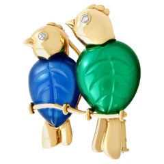 Cartier Vintage Agate and Diamond Yellow Gold Lovebird Brooch