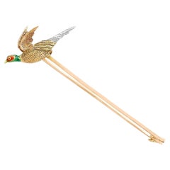 Antique Enamel and Yellow Gold Pheasant Bar Brooch