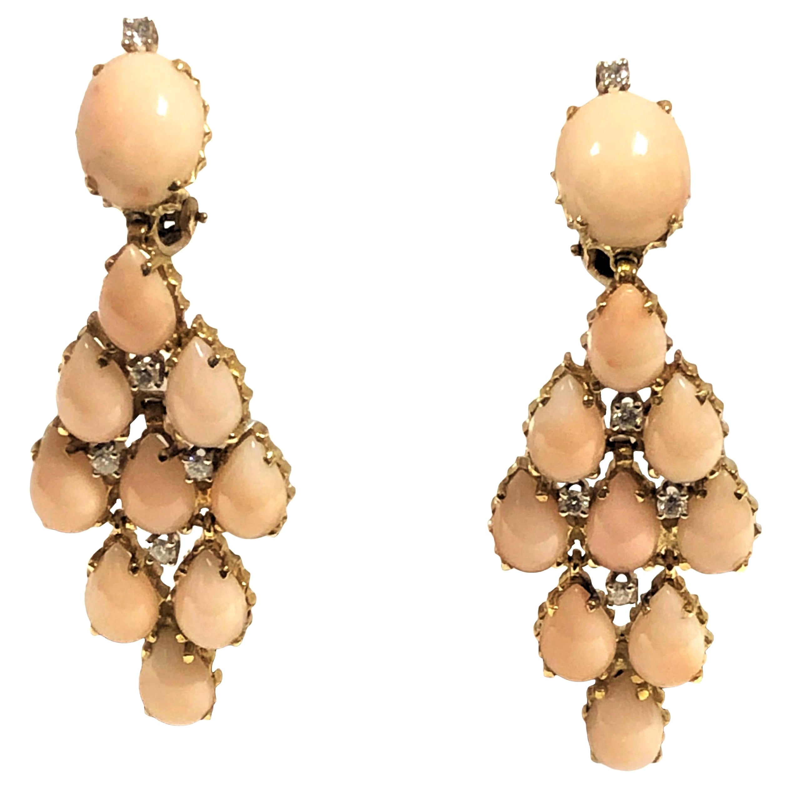 Coral Diamond and Yellow Gold Large Chandelier Earrings