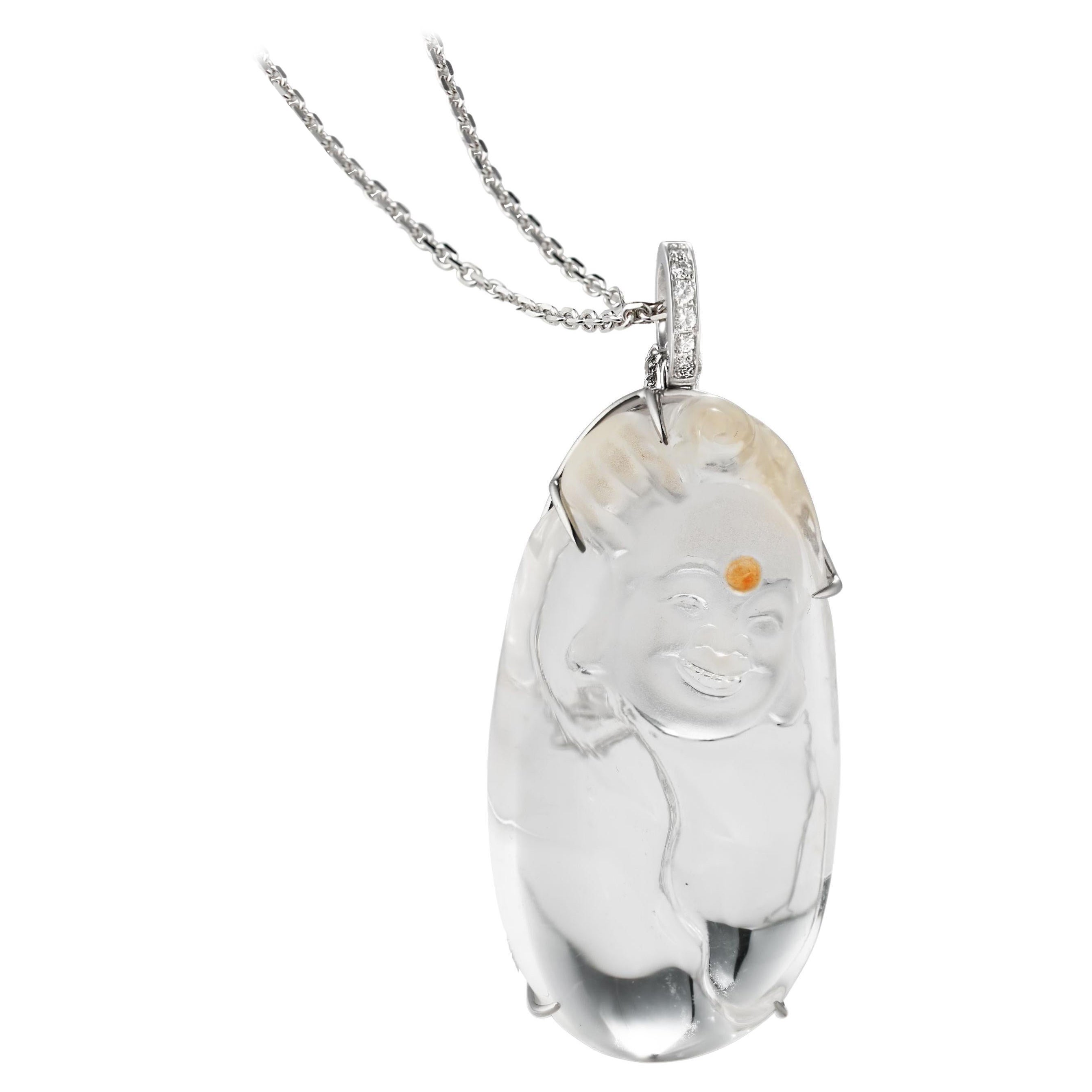 Laughing Buddha Crystal and Diamond Gold Pendant Necklace Estate Fine Jewelry For Sale