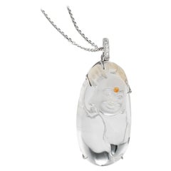 Retro Laughing Buddha Crystal and Diamond Gold Pendant Necklace Estate Fine Jewelry