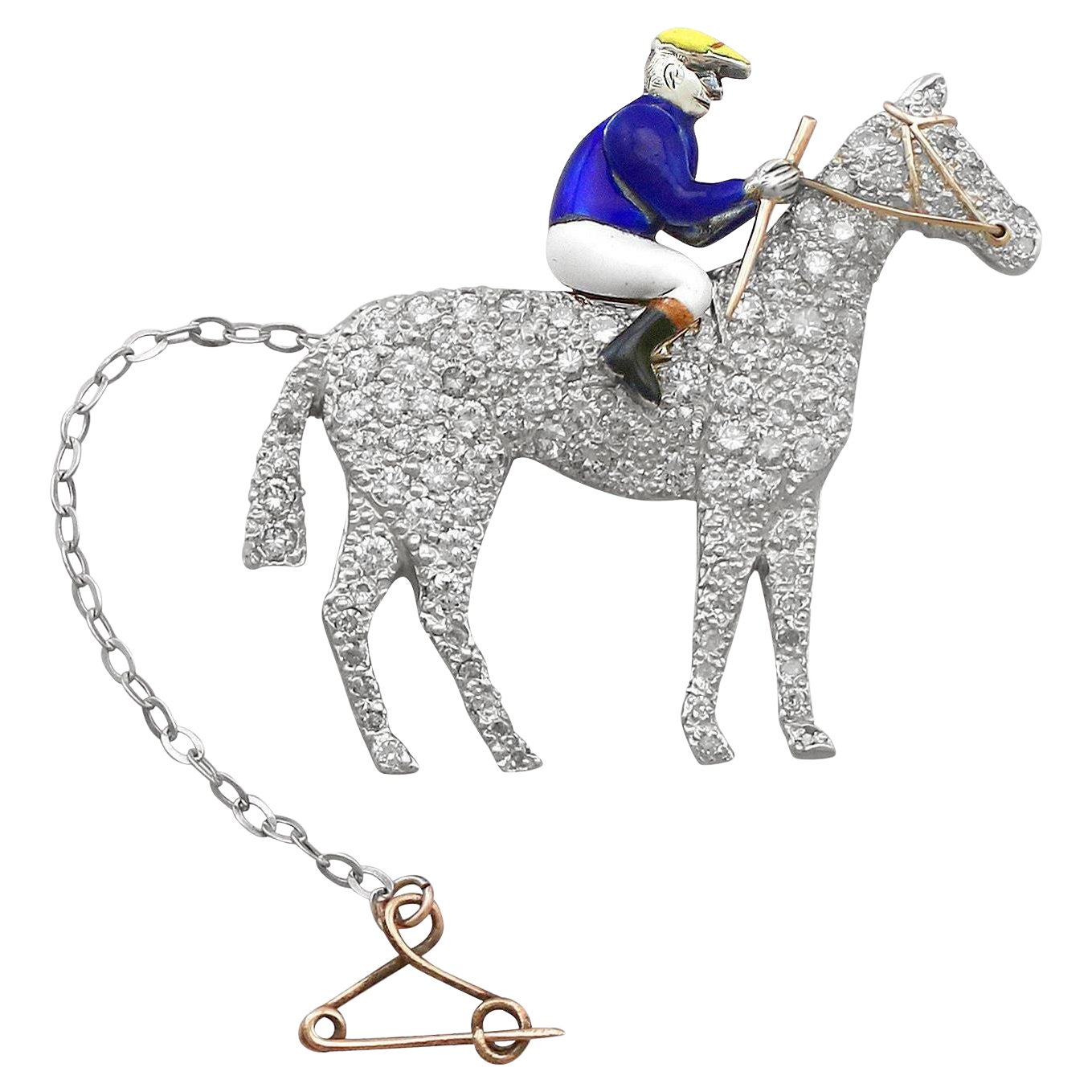 Broche victorienne cheval et jockey en or jaune, émail et diamants de 2,55 carats