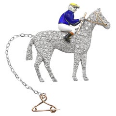 Antique 2.55 Carat Diamond and Enamel Yellow Gold Horse and Jockey Brooch