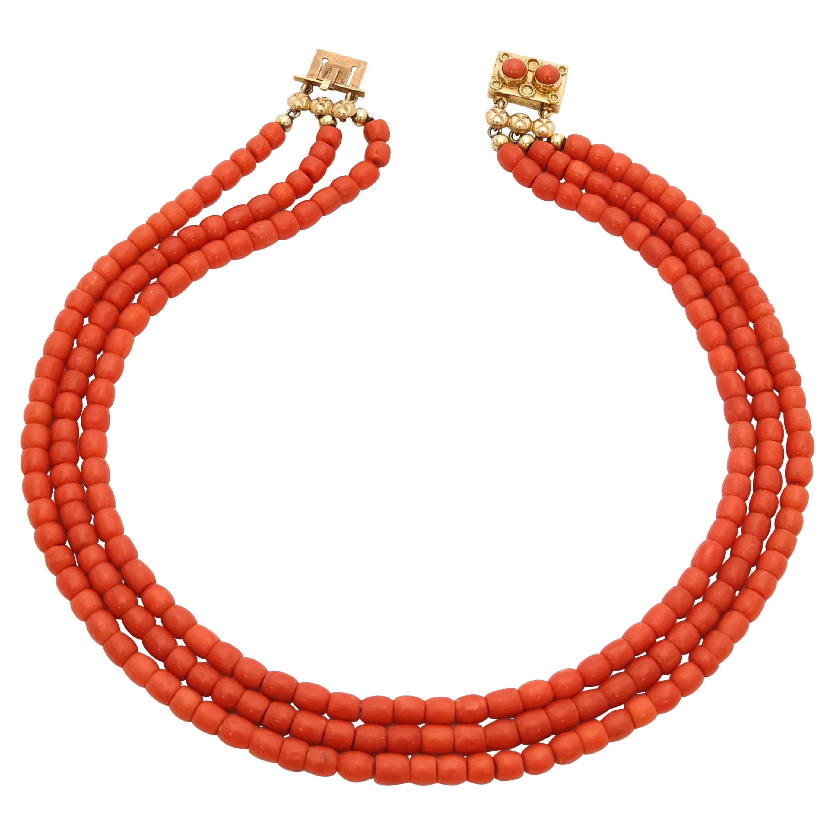 14 Karat Gold Coral Multi-Strand Beaded Necklace For Sale
