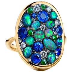 Joke Quick Black Opal, Blue Sapphire, White Diamond, Burmese Jadeite Pave Ring