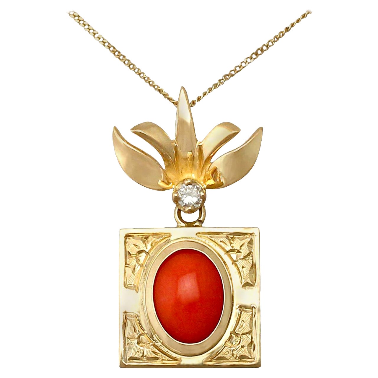 Vintage 1970s Cabochon Cut Coral and Diamond Yellow Gold Pendant For Sale