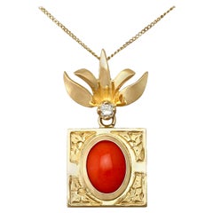 Vintage 1970s Cabochon Cut Coral and Diamond Yellow Gold Pendant
