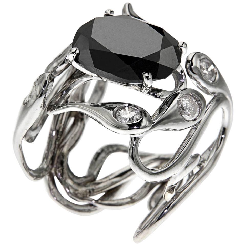Black White Diamonds 18 Karat White Gold Cocktail Ring Handcrafted In Italy 