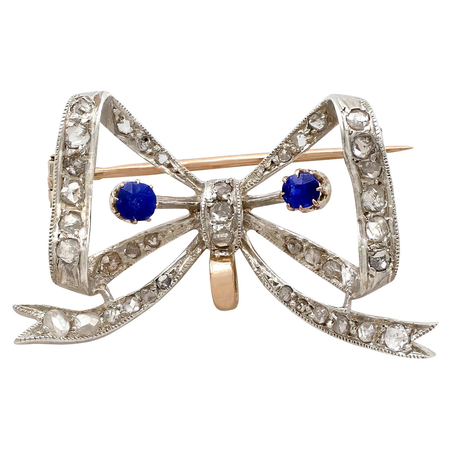Antique French Sapphire and Diamond Yellow Gold Bow Brooch For Sale