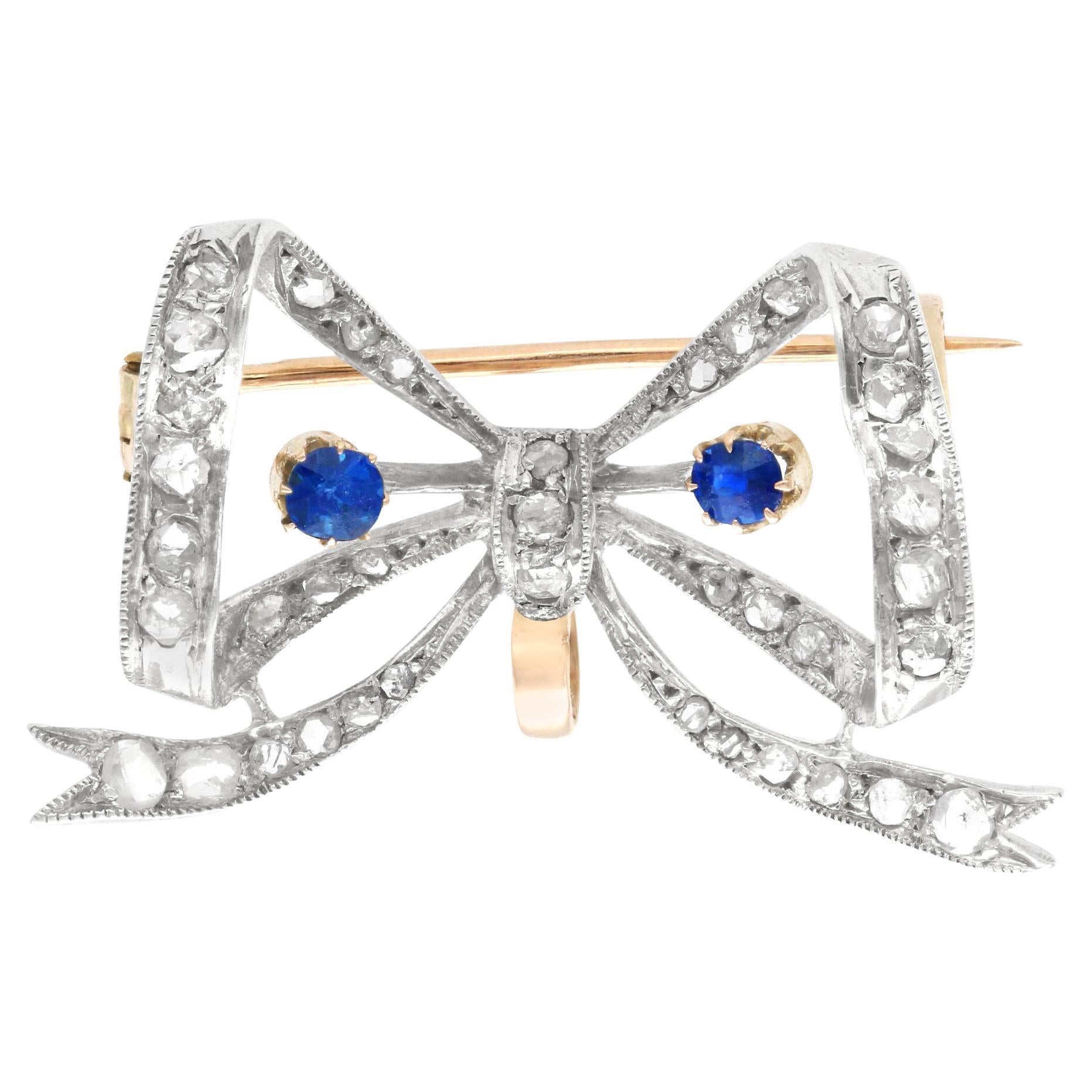 Antique French Sapphire and Diamond Yellow Gold Bow Brooch