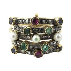 14 Kt Gold Diamond, Pearl, Emerald, Sapphire, Ruby Ring Size 6
