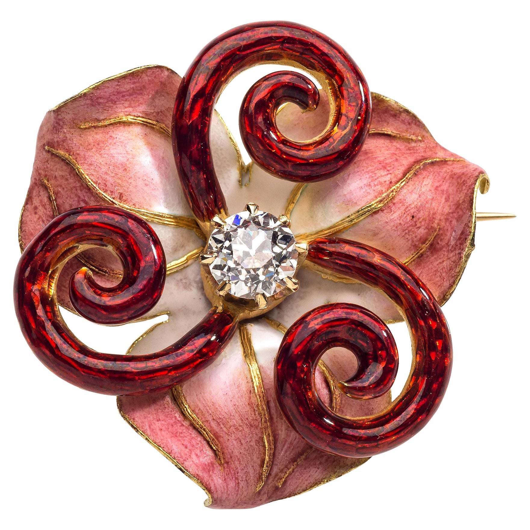 Antique Art Nouveau Diamond 14 Karat Gold Polychrome Enamel Flower Brooch