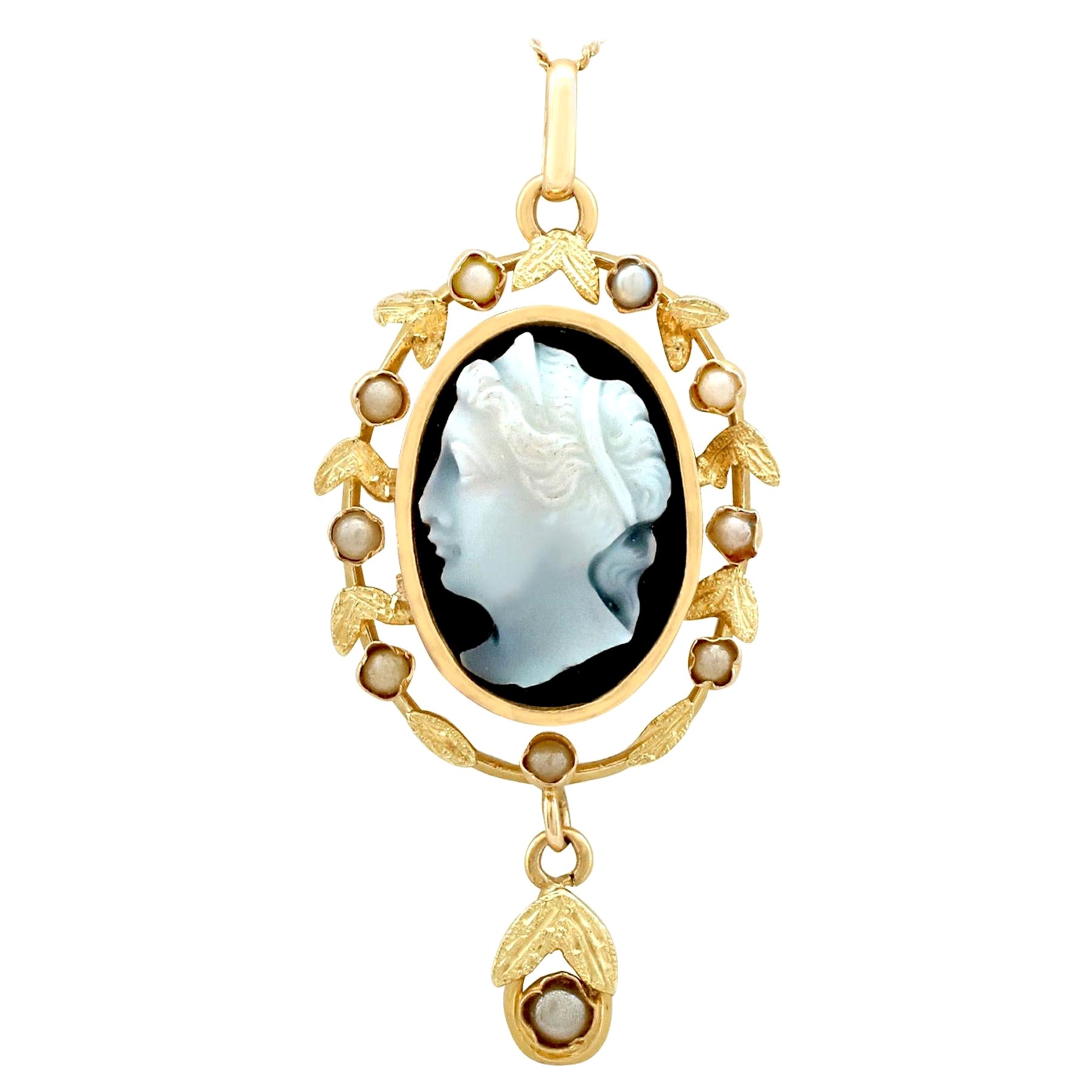 Antique 1880s Hardstone and Seed Pearl Yellow Gold Cameo Pendant
