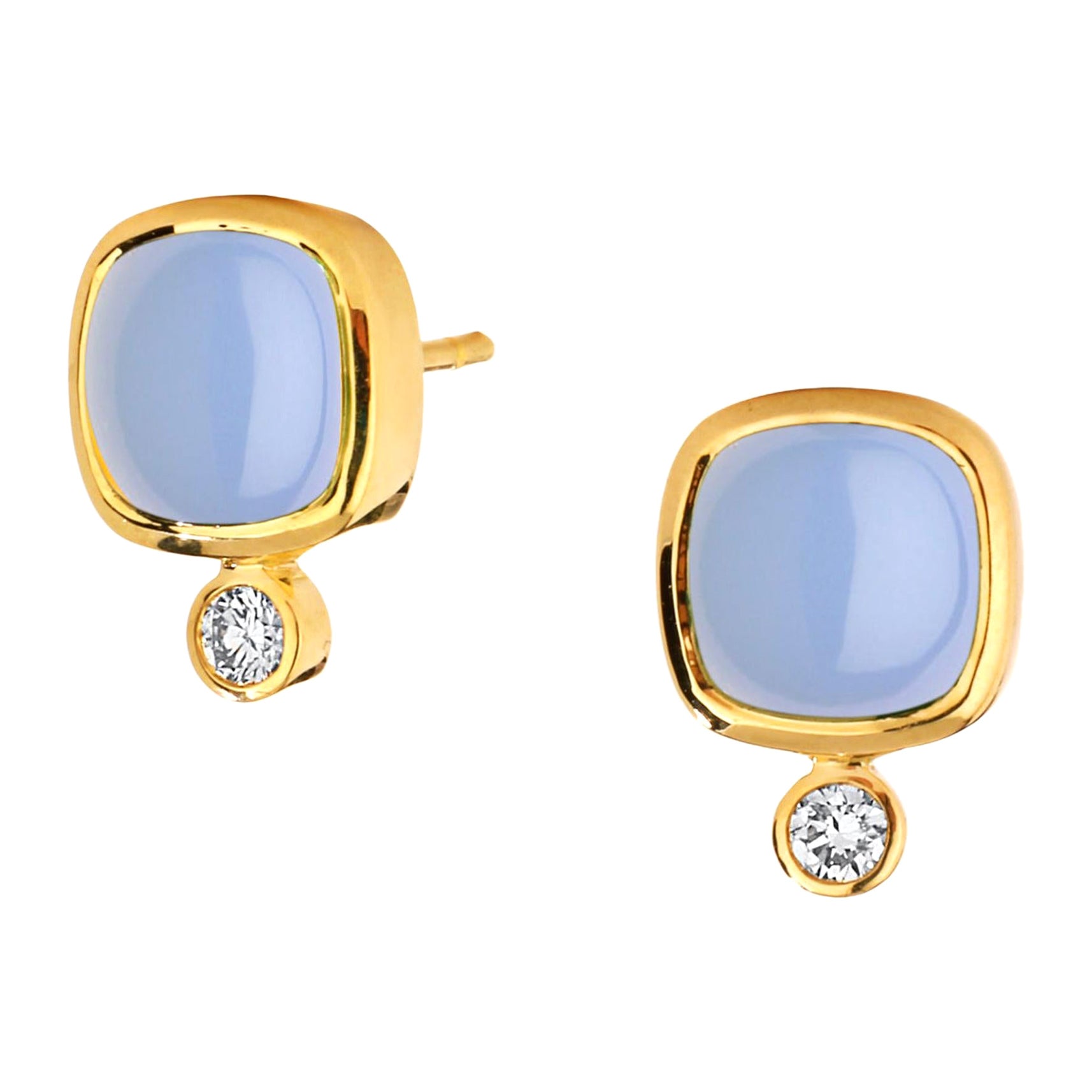 Syna Blue Chalcedony Yellow Gold Sugarloaf Earrings with Diamonds