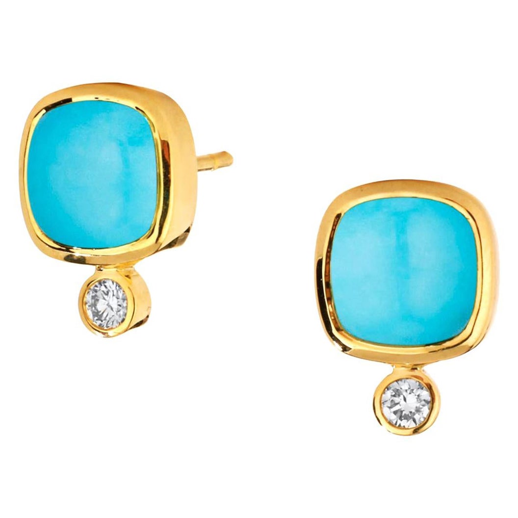 Syna Turquoise Yellow Gold Sugarloaf Earrings with Diamonds For Sale