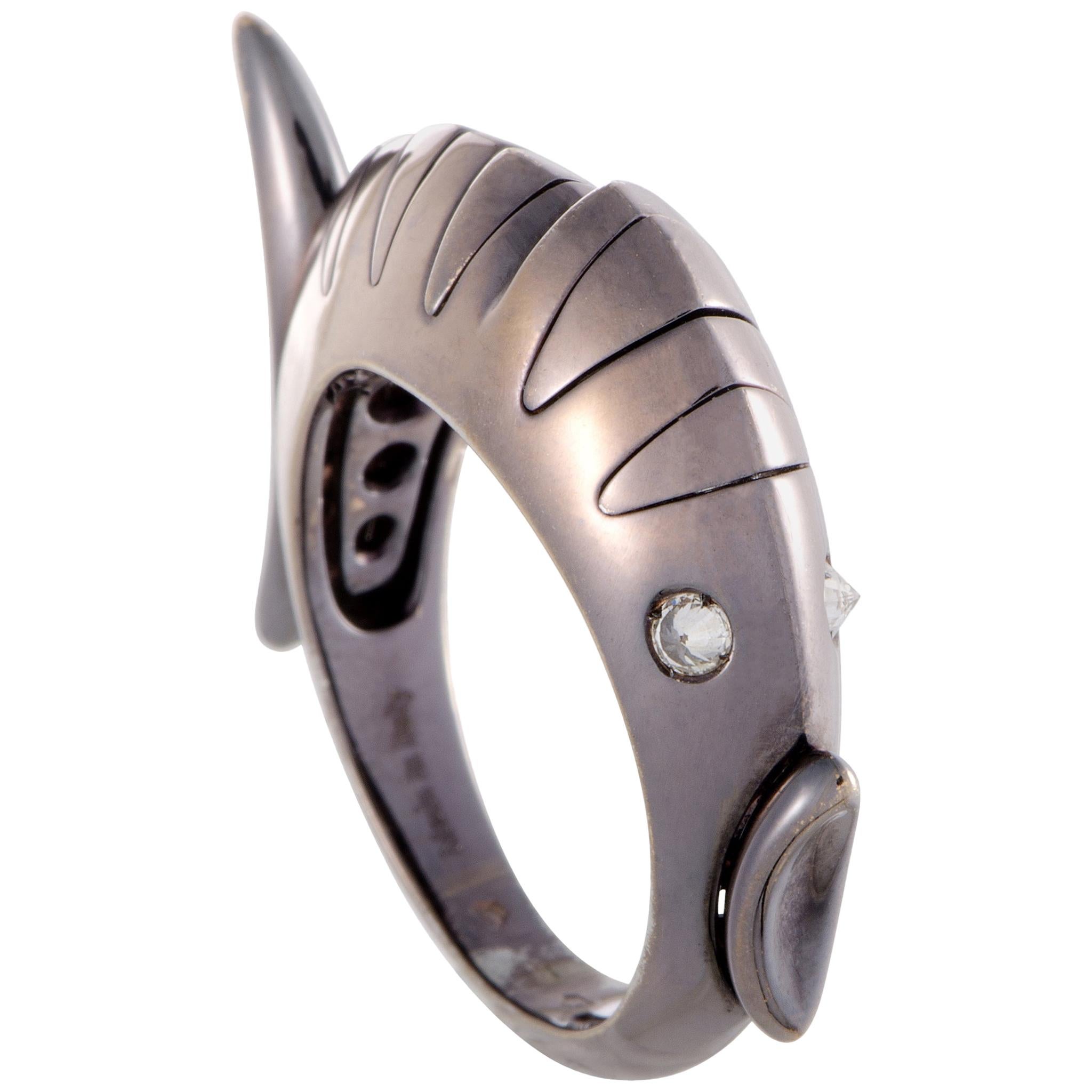 Roberta Porrati 18K White Gold and Black Rhodium 2-Diamond Fish Ring