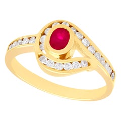 Vintage 1980s Ruby and Diamond Yellow Gold Twist Ring
