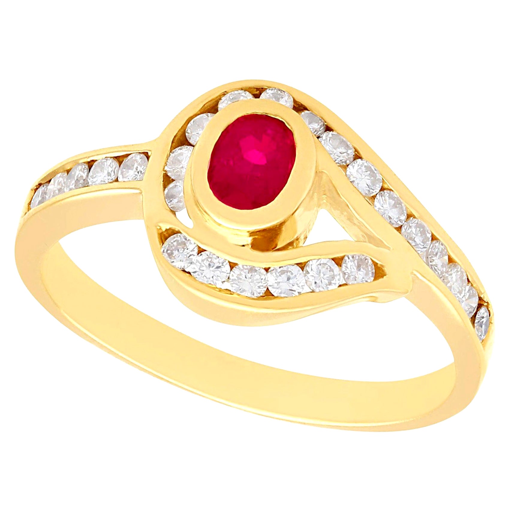 Vintage 1980s Ruby and Diamond Yellow Gold Twist Ring For Sale