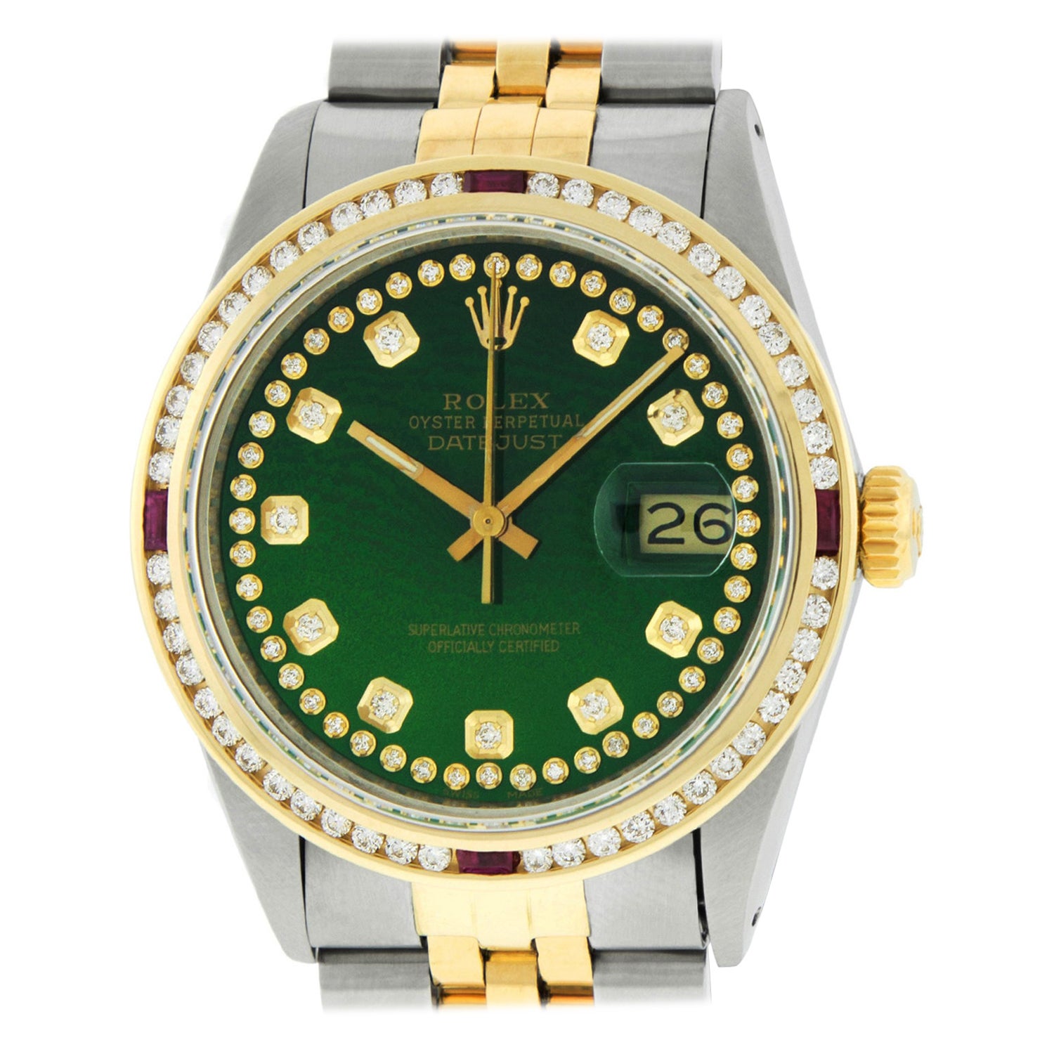 Rolex Men's Datejust SS / 18K Yellow Gold Silver Diamond Watch and Ruby