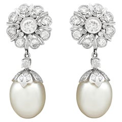 1960s 3.58 Carat Diamond South Sea Pearl White Gold Drop Earrings