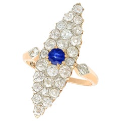 Antique 2.92 Carat Diamond and Sapphire Yellow Gold Marquise Ring