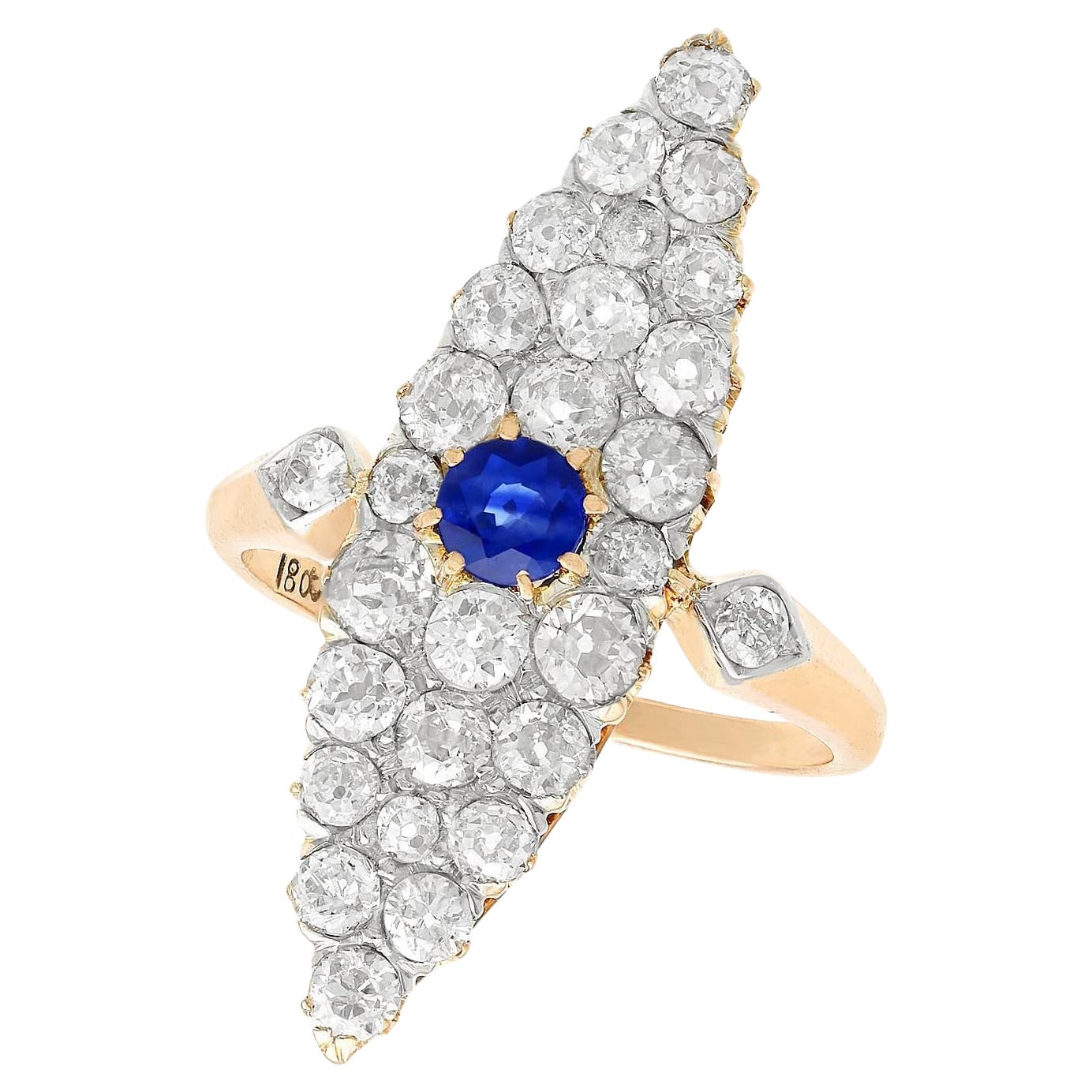 Antique 2.92 Carat Diamond and Sapphire Yellow Gold Marquise Ring For Sale