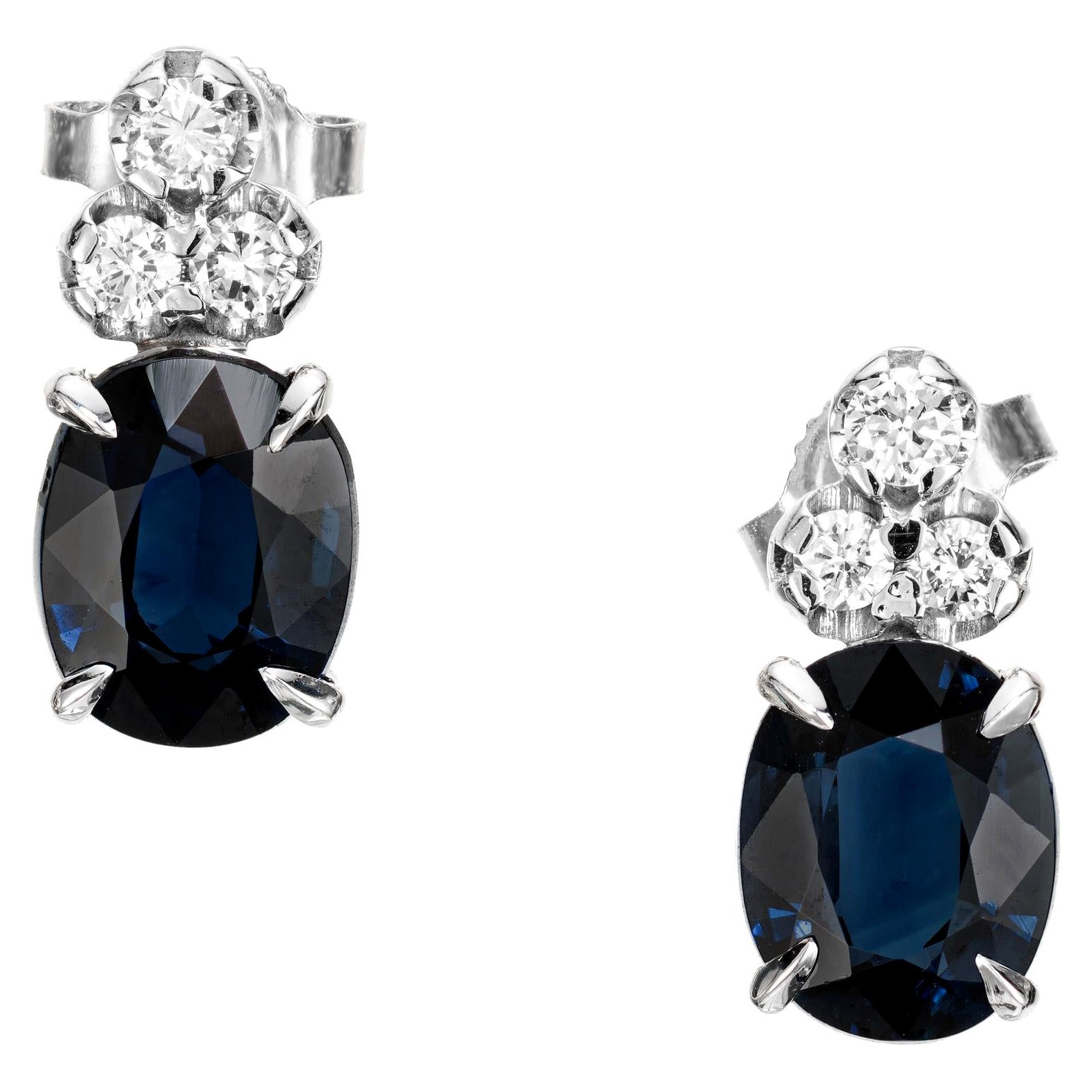 4.10 Carat Blue Oval Sapphire Diamond Gold Dangle Earrings For Sale