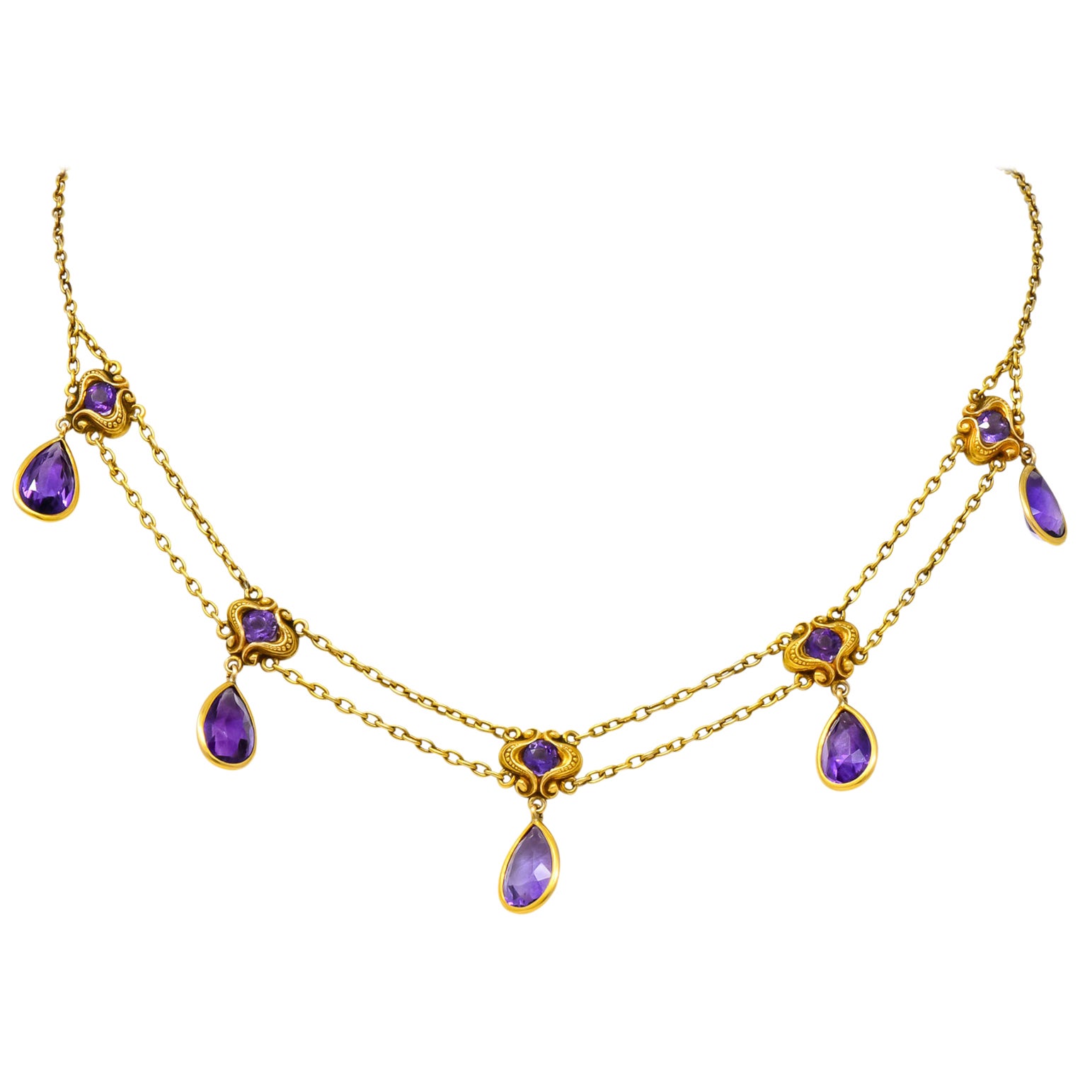 Art Nouveau Enamel Garland Necklace with Pearls and Amethyst For Sale ...