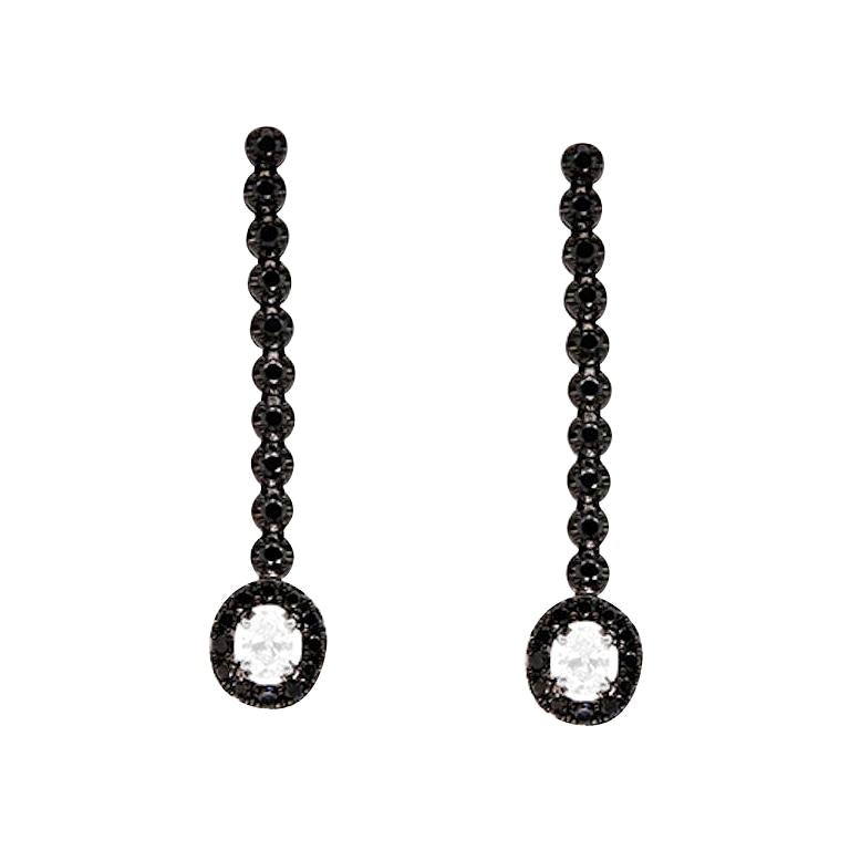 Round Black & Oval White Diamond Drop Earrings 14K Gold For Sale