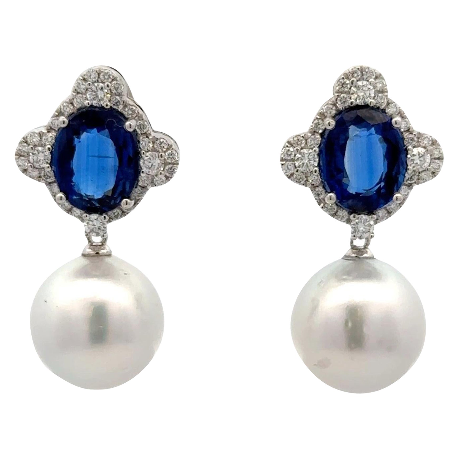 Kyanite Diamond South Sea Pearl Drop Earrings 7.25 Carat 18 Karat White Gold For Sale