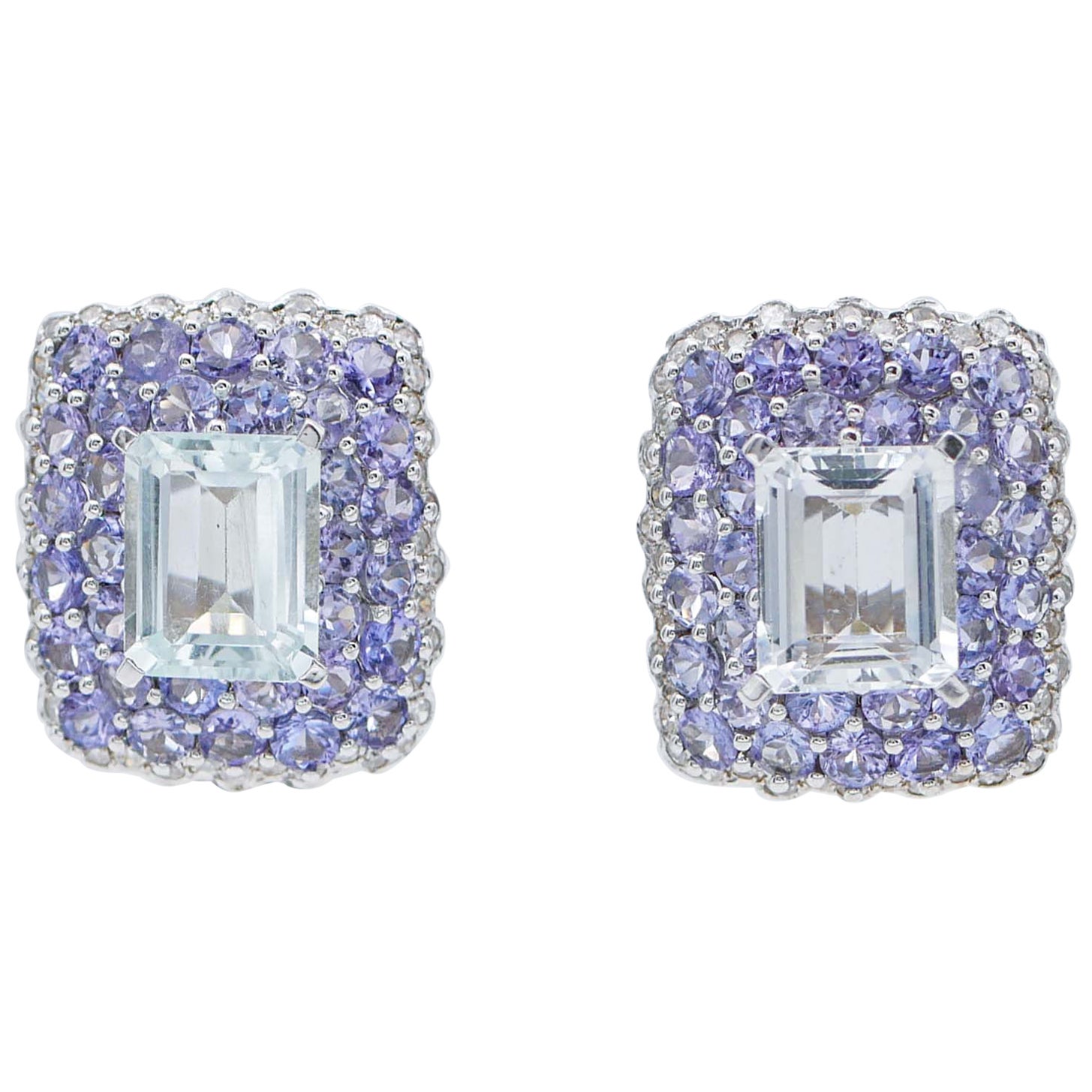 Diamonds, Tanzanite, Aquamarine, 14 Karat White Gold  Earrings For Sale
