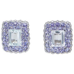Vintage Diamonds, Tanzanite, Aquamarine, 14 Karat White Gold  Earrings