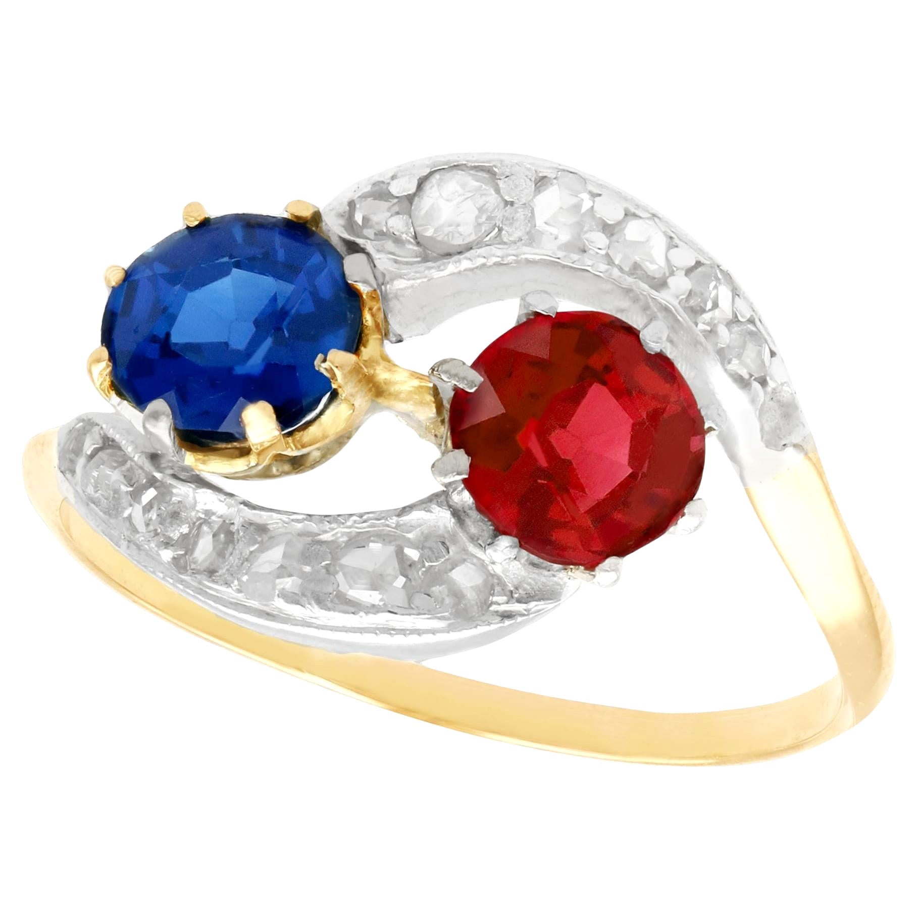 Antique Red Spinel and 1.02 Carat Sapphire Yellow Gold Twist Engagement Ring For Sale