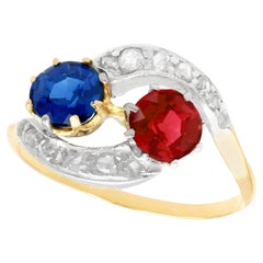 Antique Red Spinel and 1.02 Carat Sapphire Yellow Gold Twist Engagement Ring
