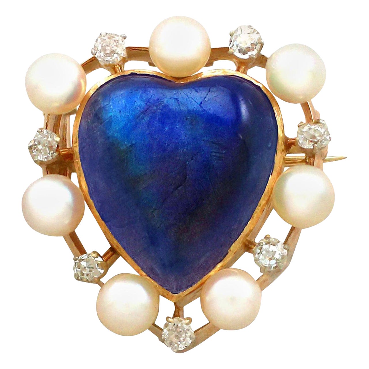Antique 3.98Ct Cabochon Cut Labradorite and Seed Pearl Diamond and Gold Brooch For Sale