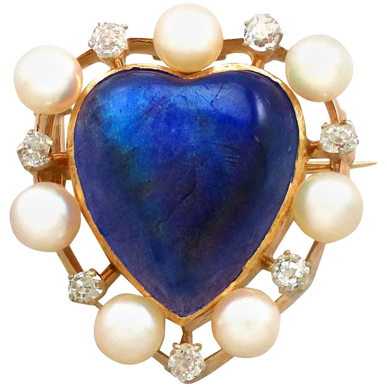 Antique 3.98Ct Cabochon Cut Labradorite and Seed Pearl Diamond and Gold Brooch For Sale
