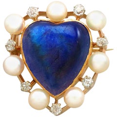 Broche ancienne en or et diamants avec labradorite taille cabochon de 3,98 carats et perles de rocaille