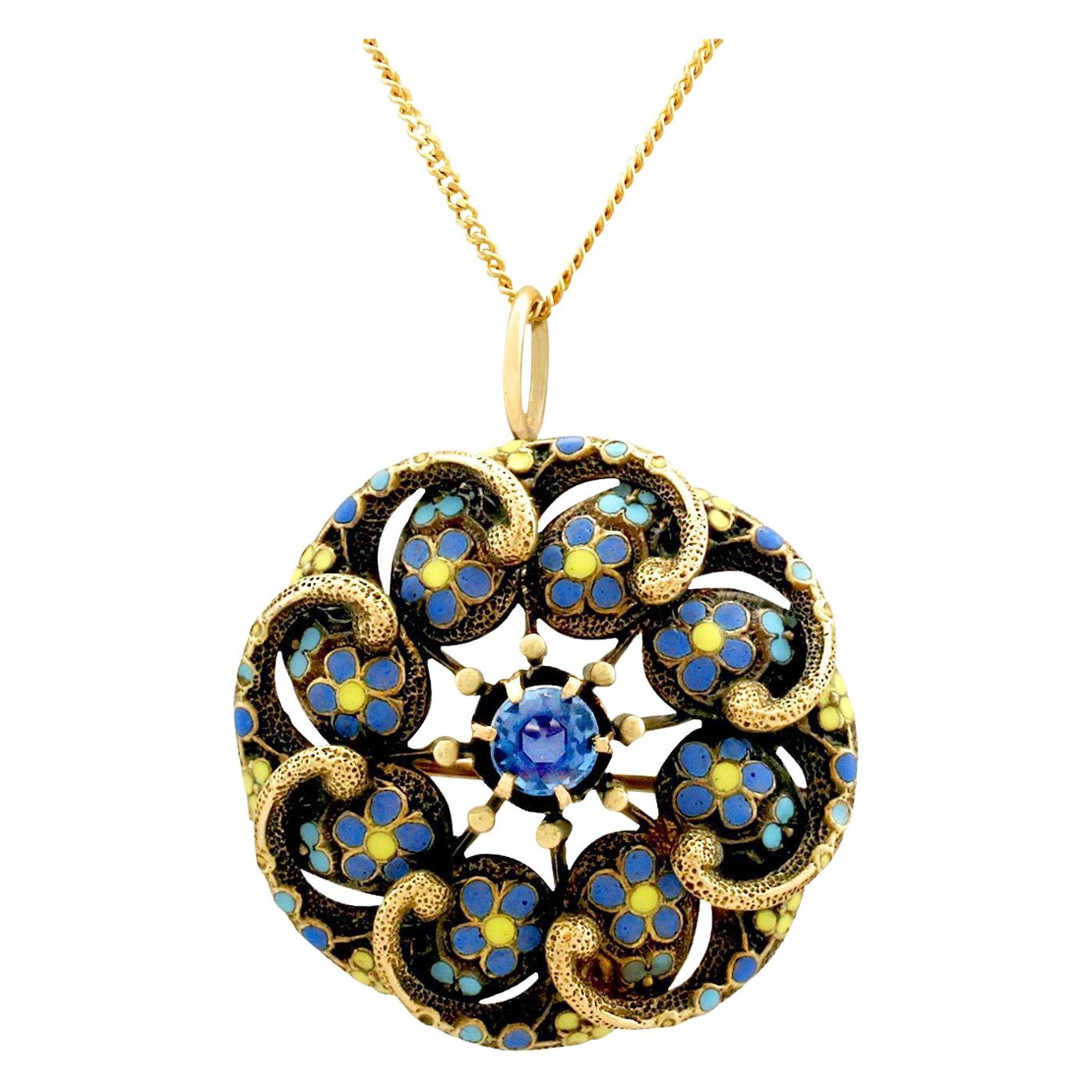 Antique Sapphire and Polychrome Enamel Yellow Gold Pendant Brooch For Sale