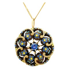 Antique Sapphire and Polychrome Enamel Yellow Gold Pendant Brooch