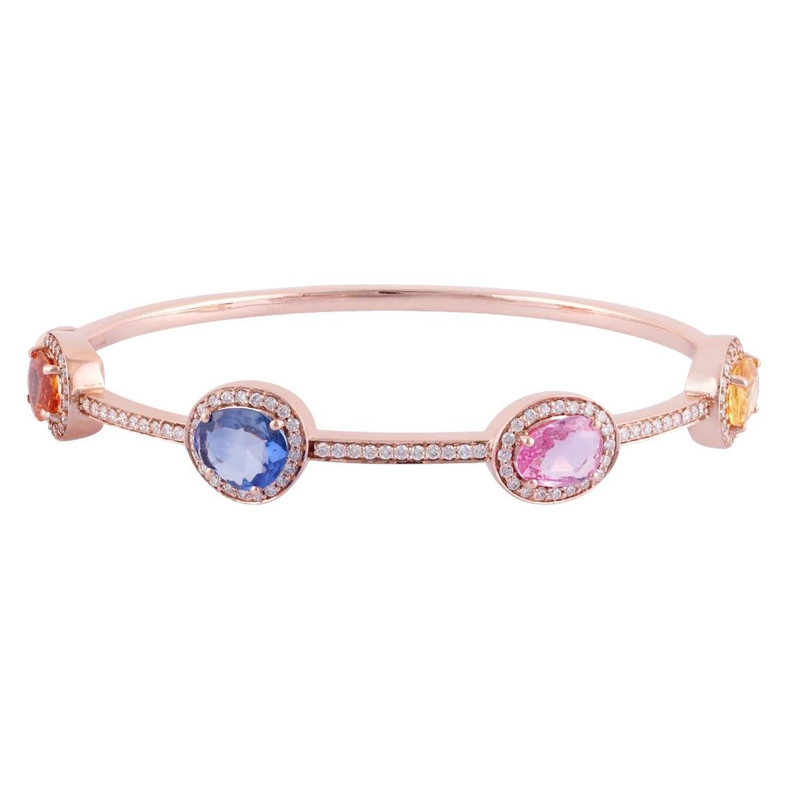 Multicolored Sapphire and Diamond Bangle, Set in 18 Karat Rose Gold For Sale