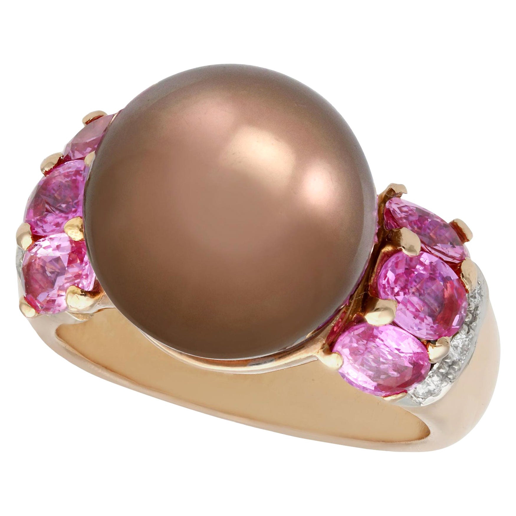 Gold-Cocktailring mit schokoladenbrauner Perle und 2,95 Karat rosa Saphir und Diamant im Angebot