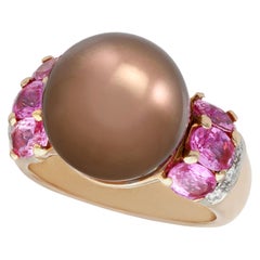 Chocolate Pearl and 2.95 Carat Pink Sapphire and Diamond, Gold Cocktail Ring