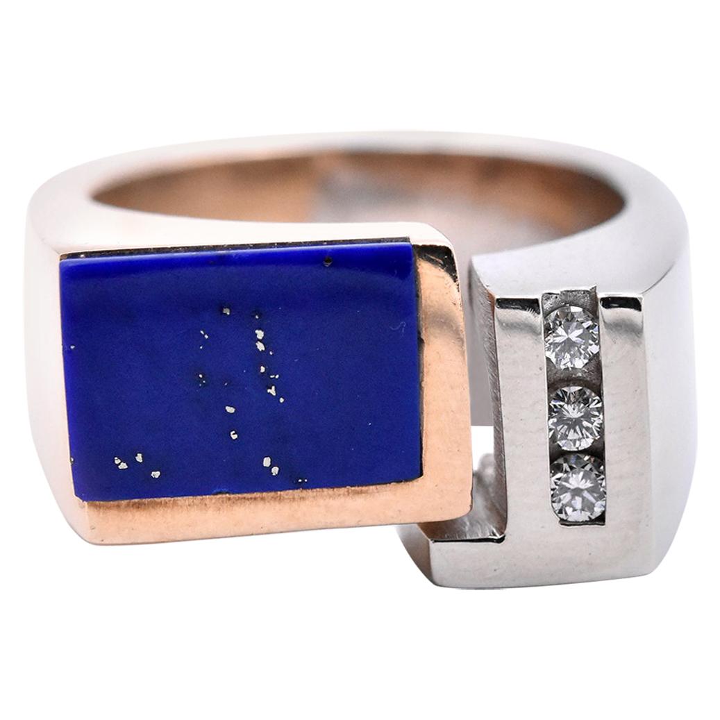 14 Karat White and Yellow Gold Two-Tone Lapis Lazuli and Diamond Geometric Ring