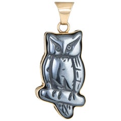 Carved Owl Pendant Hematite Retro 14 Karat Gold Estate Fine Jewelry Bird