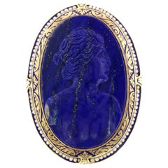 Antique 14 Karat Yellow Gold Carved Lapis Cameo Brooch Pendant