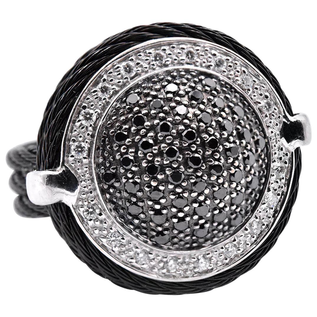 Alor Noir 18 Karat Gold and Black Stainless Steel Diamond Cable Dome Ring