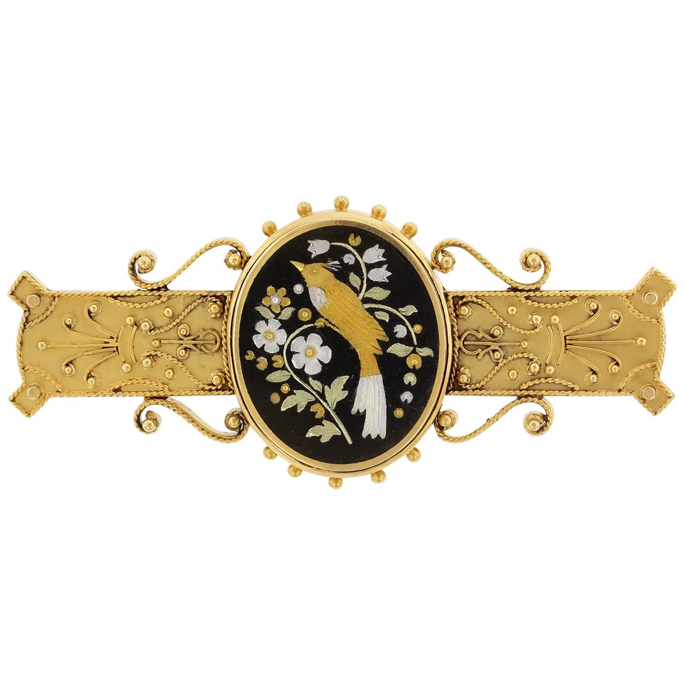 Victorian Etruscan Revival 18 Karat Yellow Gold Damascene Pin For Sale