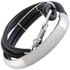 Bucherer 18K White Gold Diamond Pave Round Black Leather Cord Double Wide Bangle